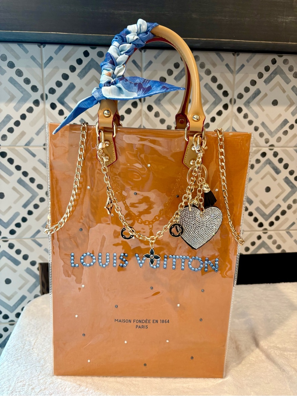 One of a kind! Louis Vuitton Tote/bag with Rhinestones Gold Charm Chain